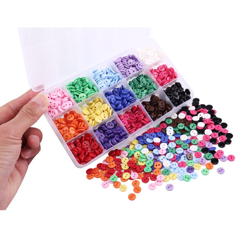 Crafjie 9mm 2 Hole Tiny Size Flatback Resin Color Sewing Buttons, 15 Colors Pack of 1500 with Box, The Surface is Smooth, Waterproof and Durable, for DIY Crafts Children's Manual Project. - Image 2